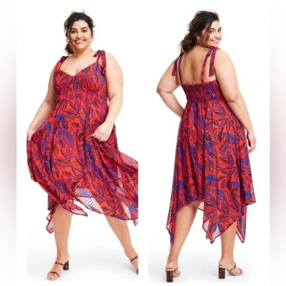ALEXIS Botanical Tropical Leaf Tie Strap Asymmetrical Midi Women's Dress (1X)